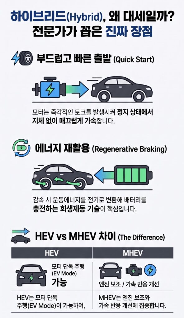 하이브리드 차량 장점 - 부드러운 출발과 토크 관련 인포그래픽