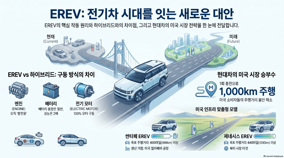 erev 와 하이브리드 자동차 구조 비교 일러스트